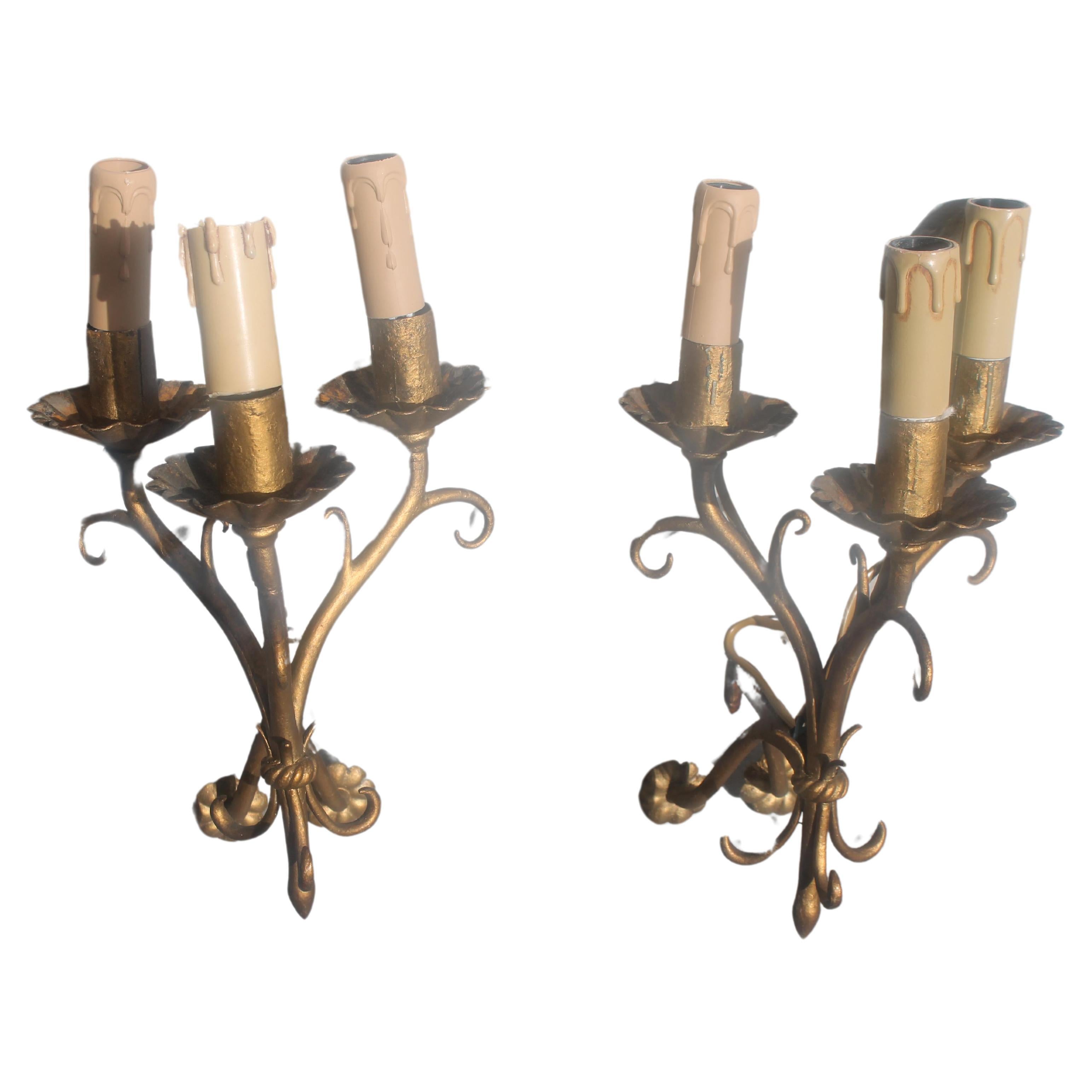 Pair 1930's French Art Deco Gilt Metal Wall Sconces