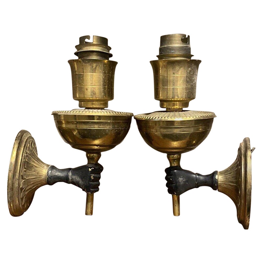 Pair 1930s French Art Deco Patinated Bronze Fists/ Hands Holding Torch  A. Arbus