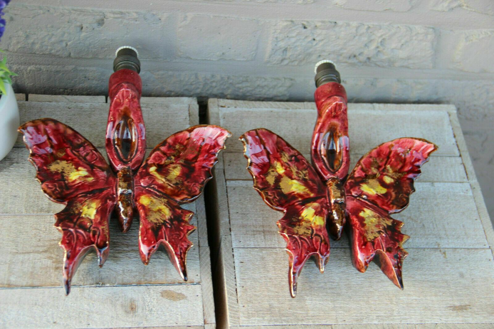 Pair 1930s French Art Deco Patinated & Glazed Ceramic Butterfly Wall Sconces In Good Condition For Sale In Opa Locka, FL