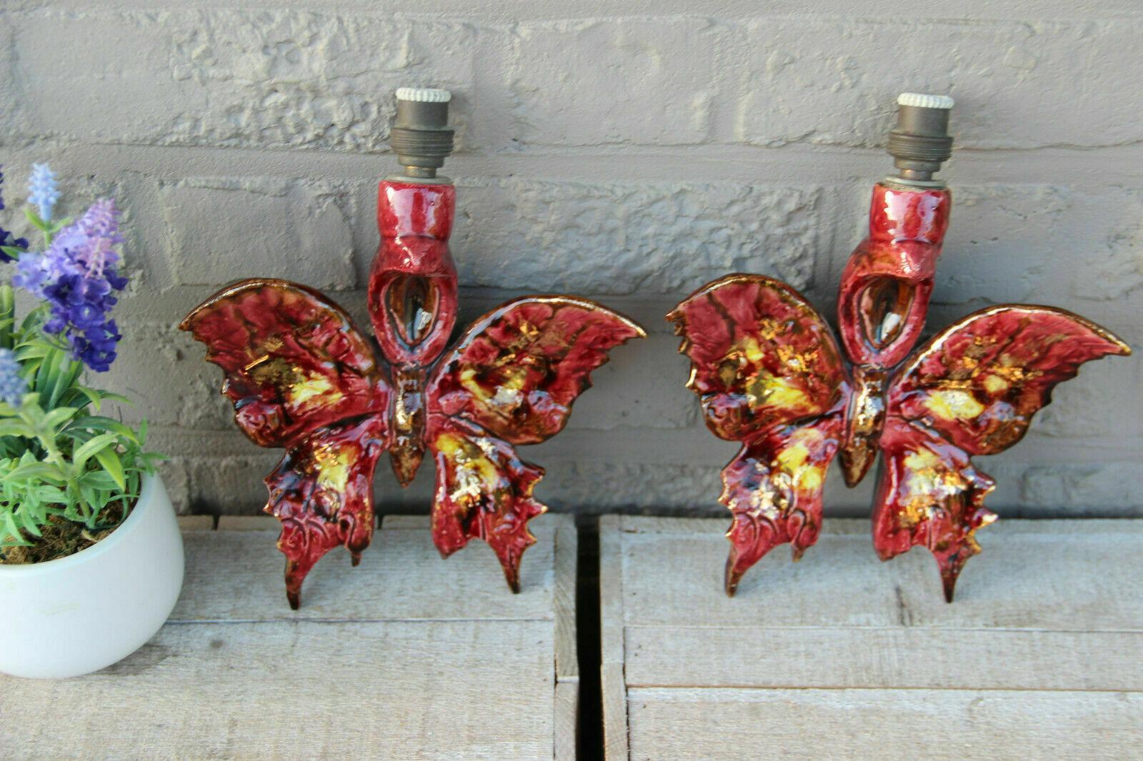Early 20th Century Pair 1930s French Art Deco Patinated & Glazed Ceramic Butterfly Wall Sconces For Sale