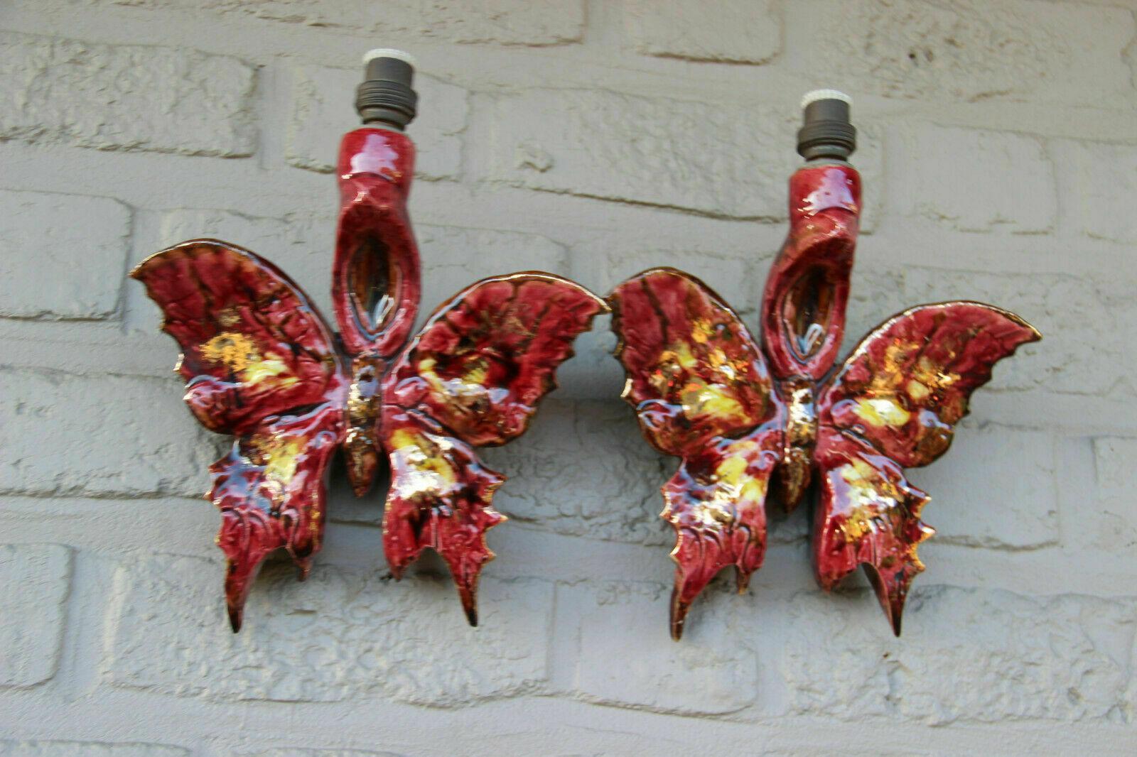 Pair 1930s French Art Deco Patinated & Glazed Ceramic Butterfly Wall Sconces For Sale 1