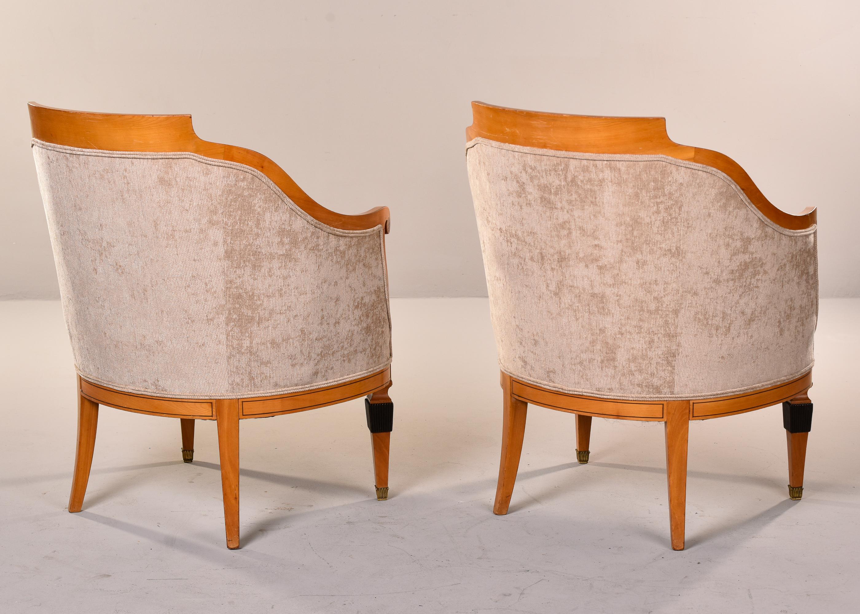Pair 1930s French Bergeres with New Upholstery and Black Painted Details For Sale 7