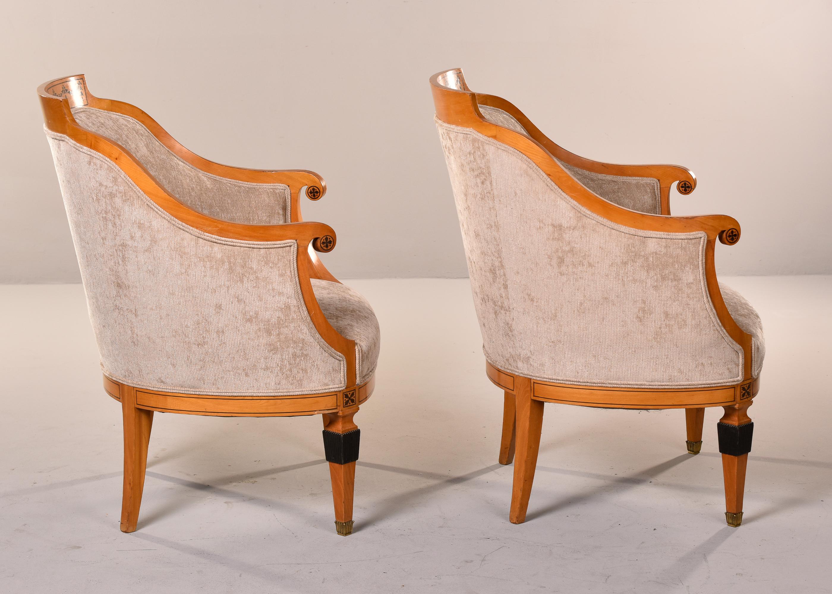Pair 1930s French Bergeres with New Upholstery and Black Painted Details For Sale 8