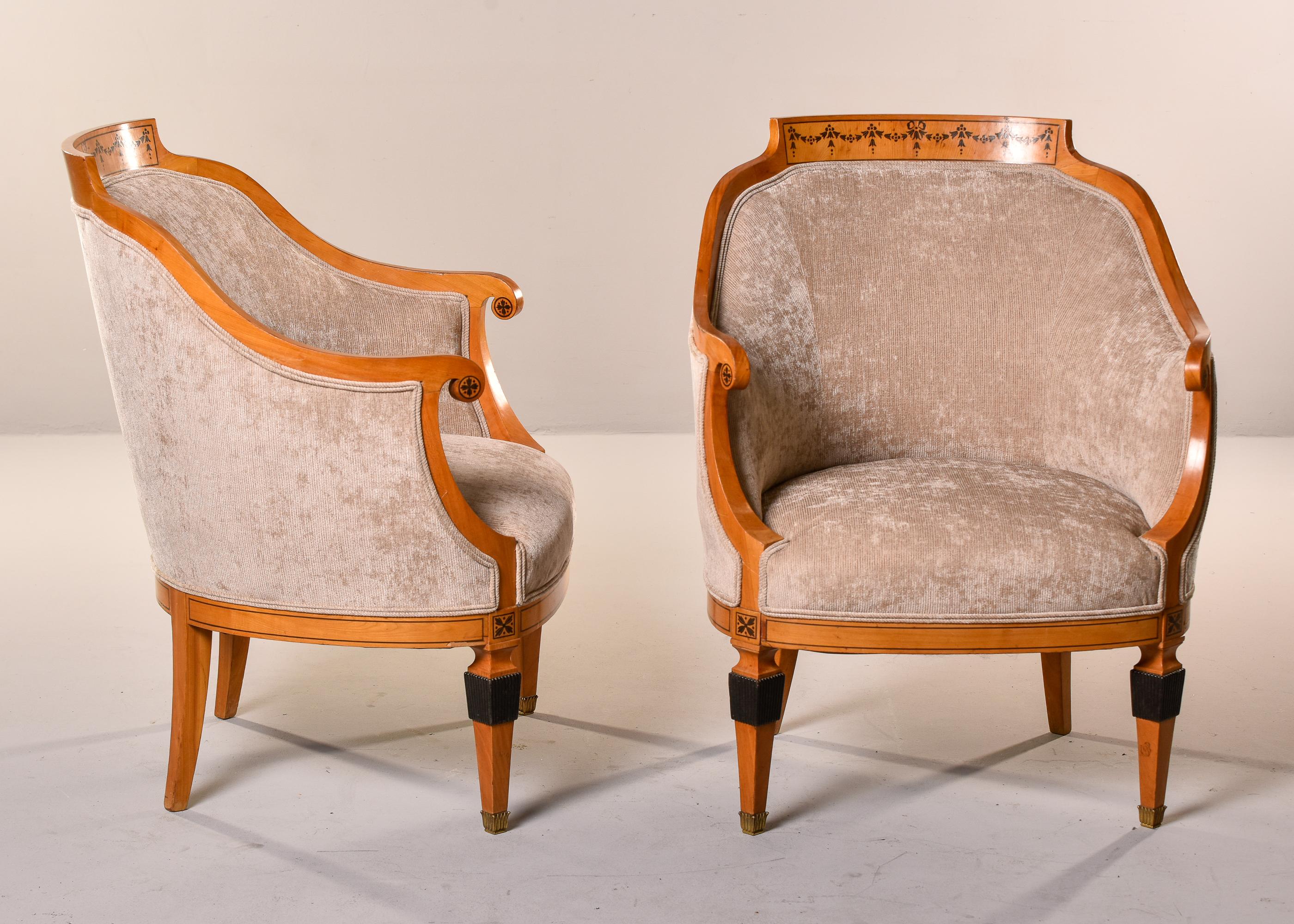 Pair 1930s French Bergeres with New Upholstery and Black Painted Details In Good Condition For Sale In Troy, MI