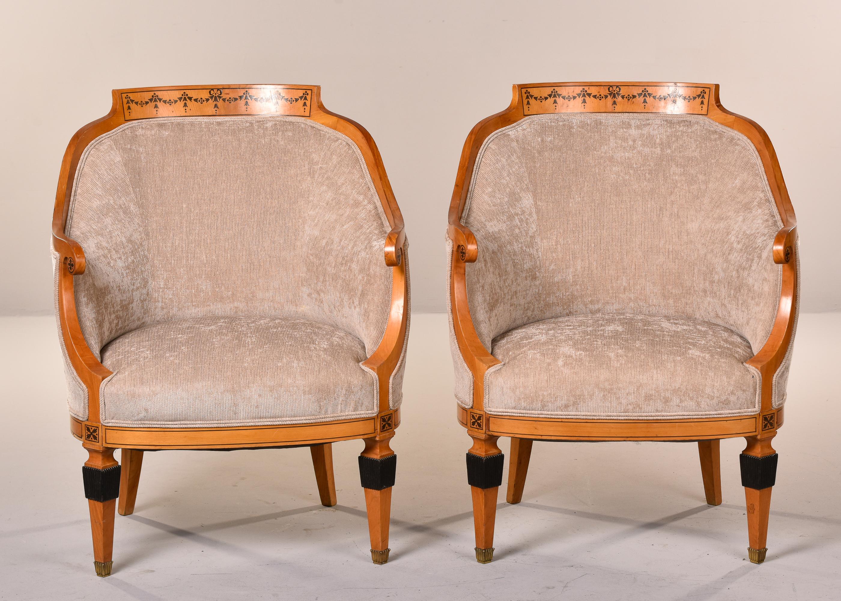 Pair 1930s French Bergeres with New Upholstery and Black Painted Details For Sale 3