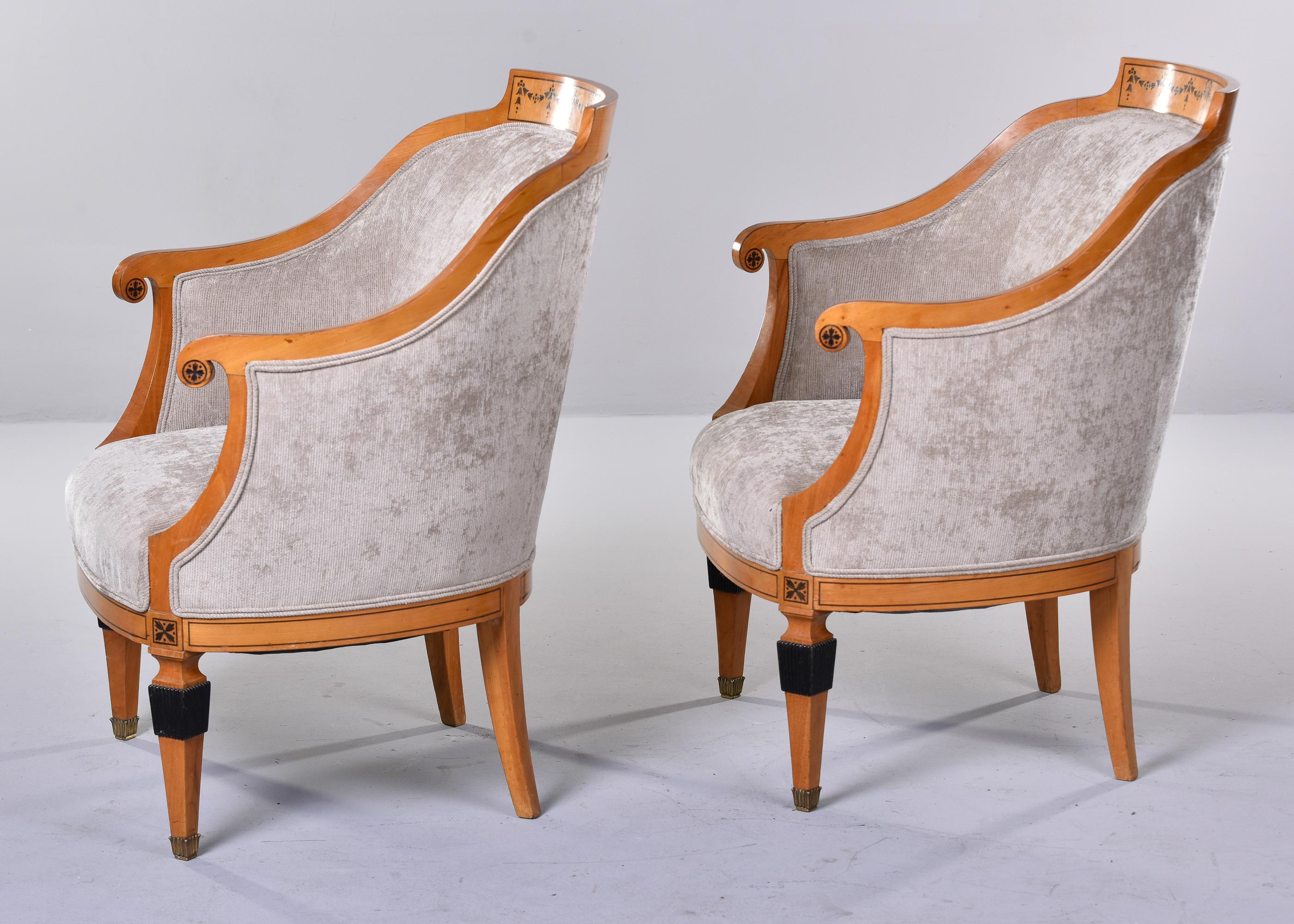 Pair 1930s French Bergeres with New Upholstery and Black Painted Details For Sale 5