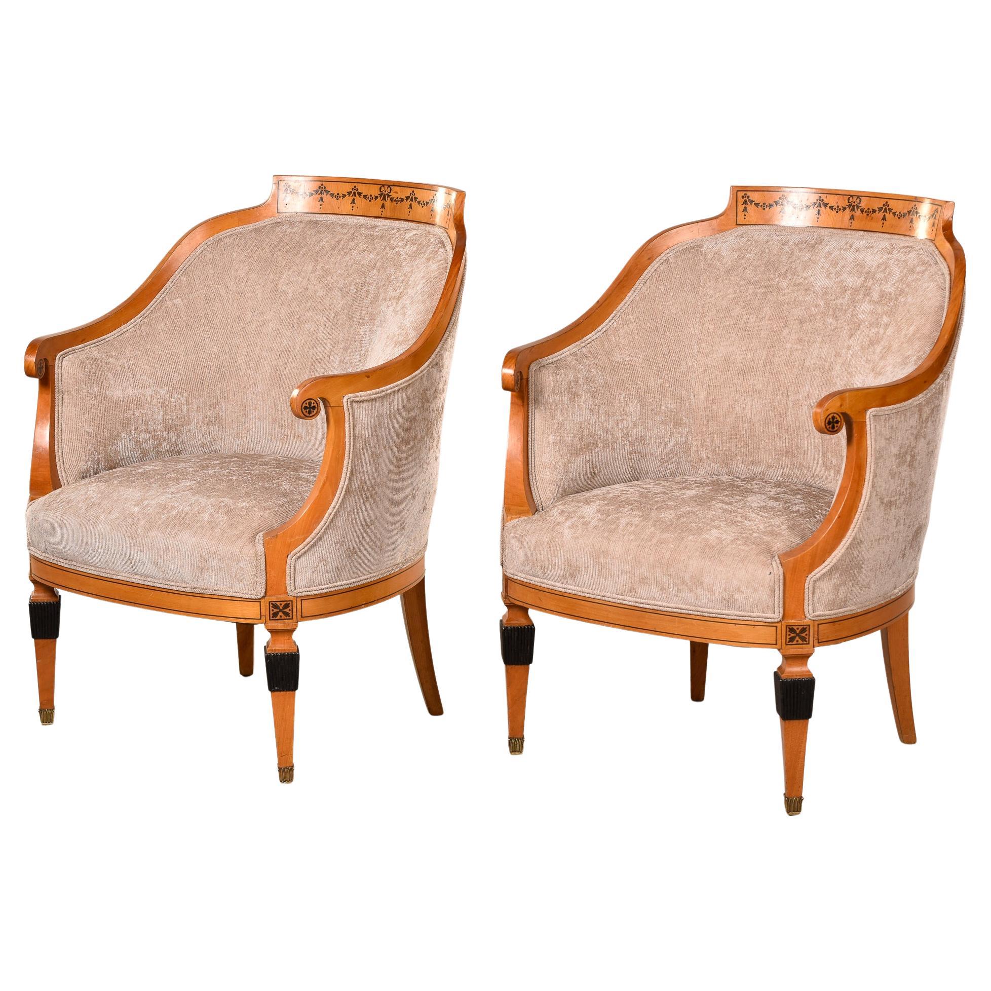 Pair 1930s French Bergeres with New Upholstery and Black Painted Details