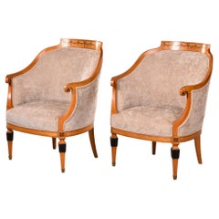 Antique Pair 1930s French Bergeres with New Upholstery and Black Painted Details