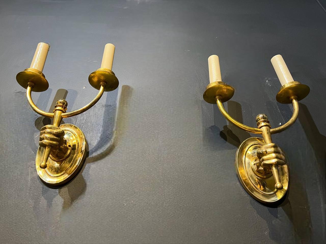 French Provincial Pair 1930’s French Gilt Bronze Double Light Sconces with Arm For Sale