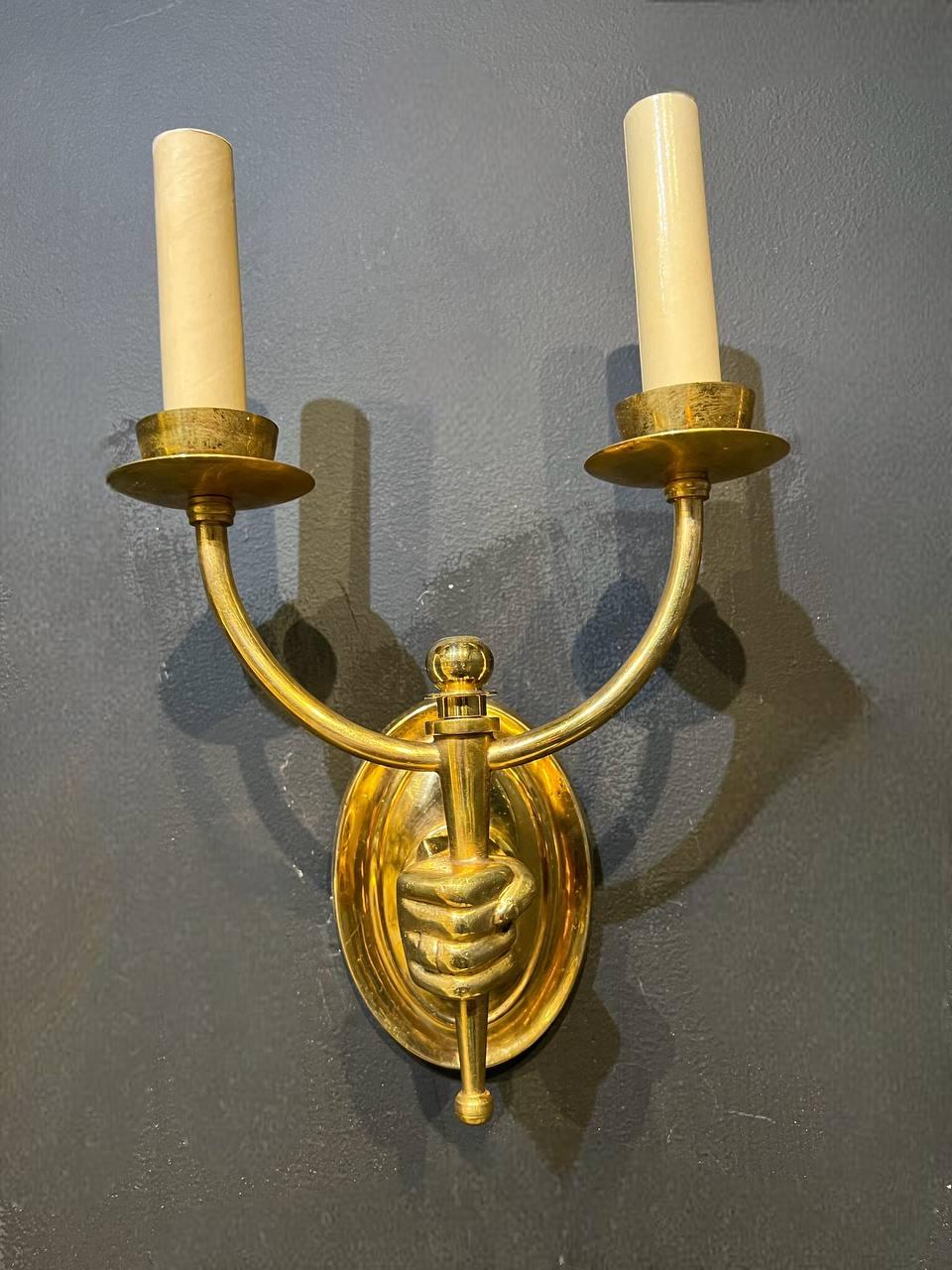 Pair 1930’s French Gilt Bronze Double Light Sconces with Arm For Sale 2
