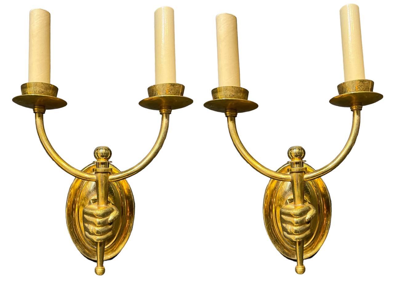 Pair 1930’s French Gilt Bronze Double Light Sconces with Arm For Sale 3