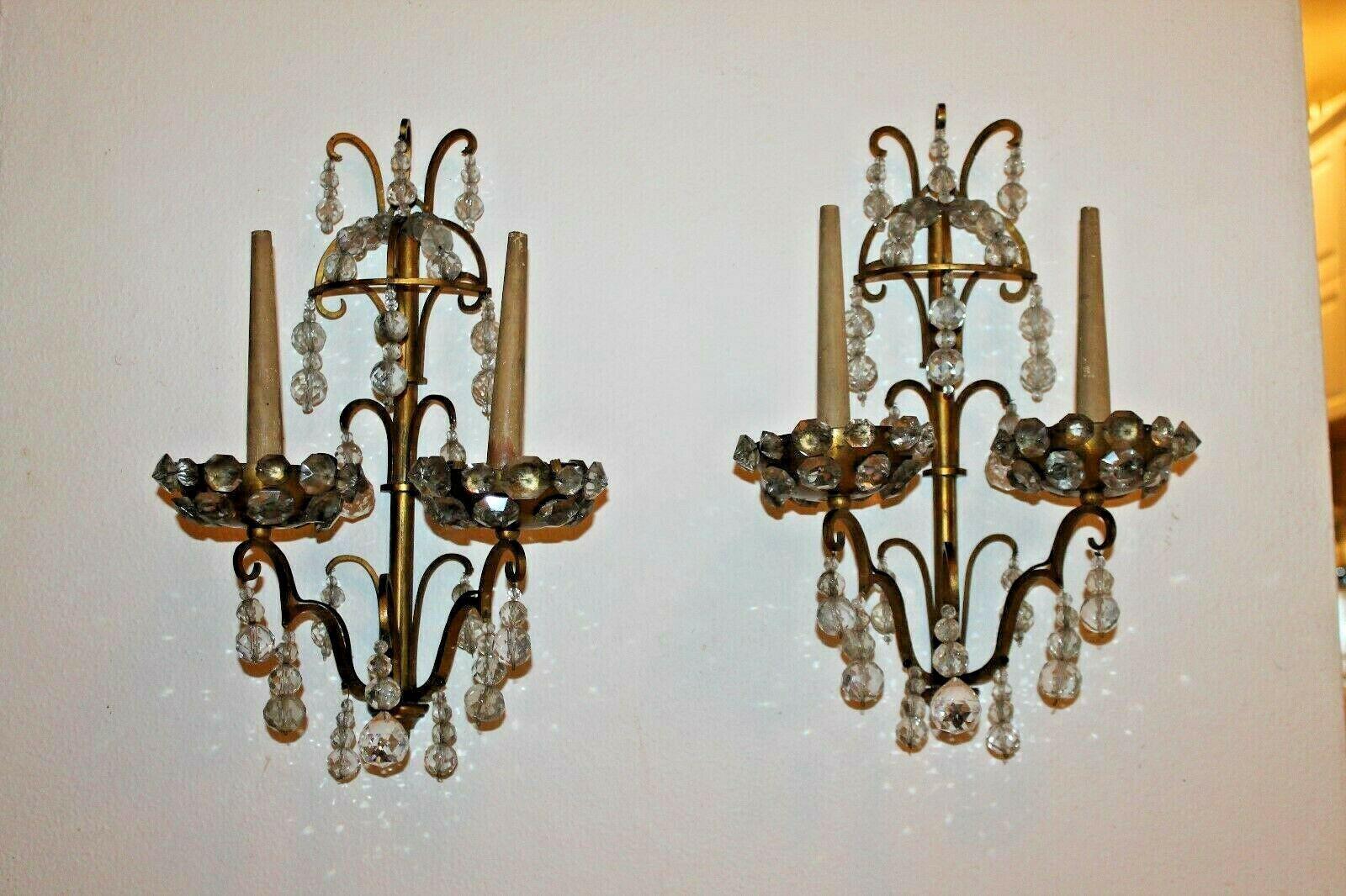 Mid-20th Century Pair 1930's French Louis XV Bronze & Cut Crystal Wall Sconces attr Maison Jansen For Sale