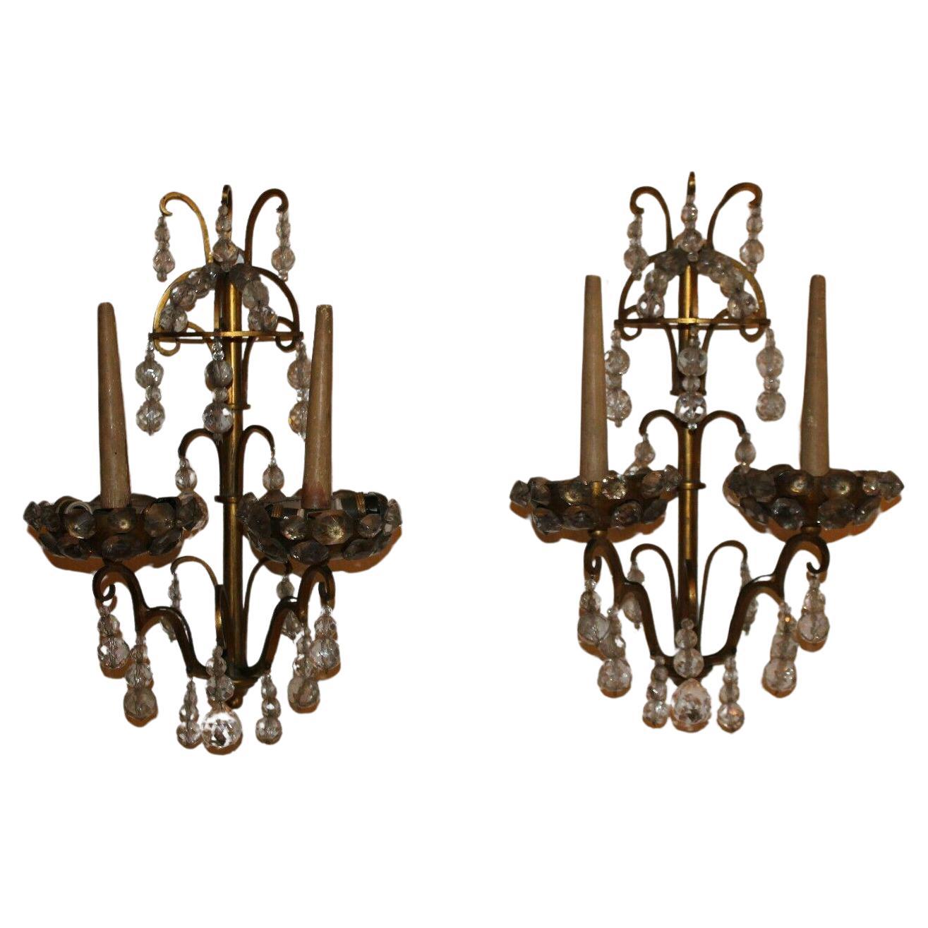 Pair 1930's French Louis XV Bronze & Cut Crystal Wall Sconces attr Maison Jansen For Sale