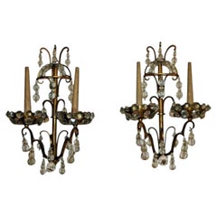 Pair 1930's French Louis XV Bronze & Cut Crystal Wall Sconces attr Maison Jansen