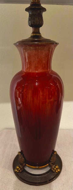 Pair 1930's Gladding McBean Oxblood Red Art Pottery Bronze Mounted Table Lamps