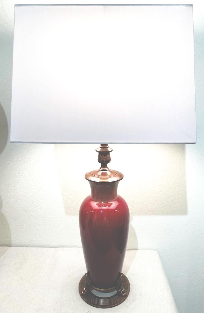 American Pair 1930's Gladding McBean Oxblood Red Art Pottery Bronze Mounted Table Lamps  For Sale
