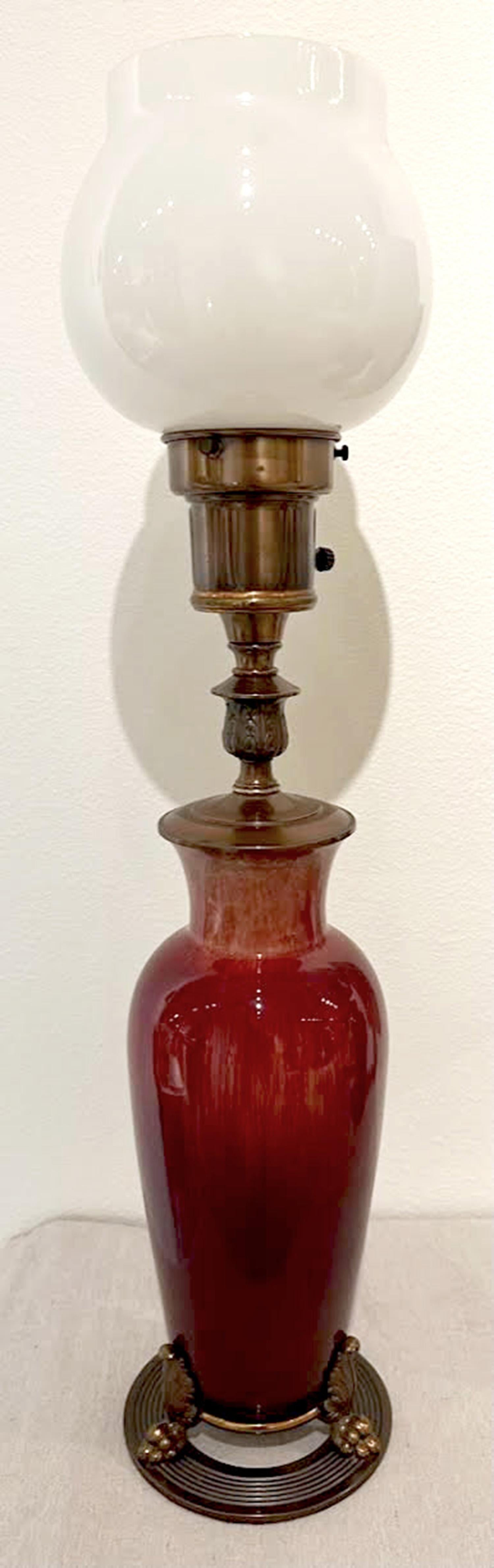Glazed Pair 1930's Gladding McBean Oxblood Red Art Pottery Bronze Mounted Table Lamps  For Sale