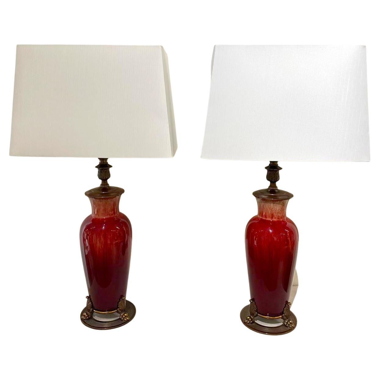 Pair 1930's Gladding McBean Oxblood Red Art Pottery Bronze Mounted Table Lamps 