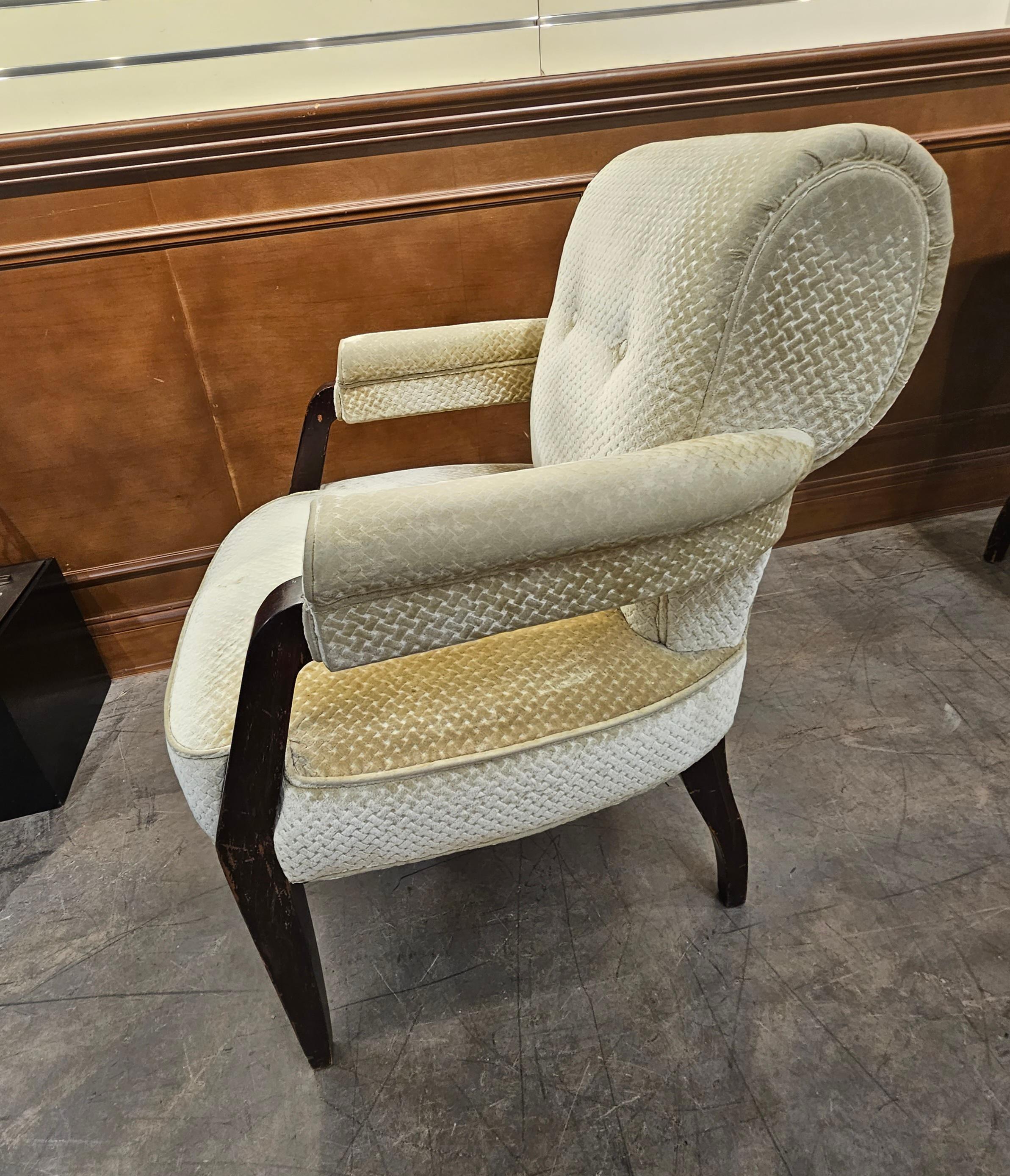 Tissu d'ameublement Paire de fauteuils Art Déco Jean Pascaud des années 1930 en acajou et velours taillé à la canne en vente