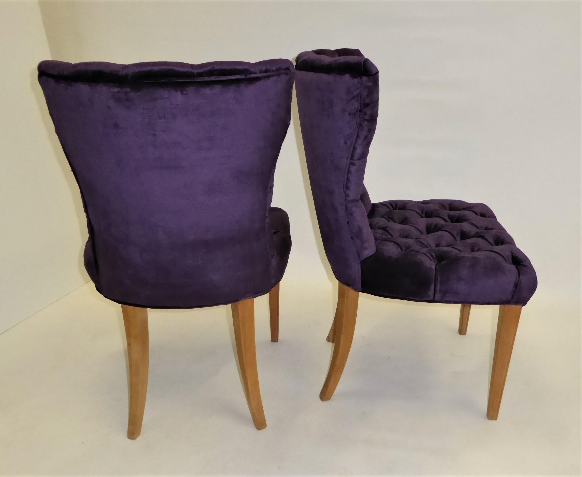Edwardian Pair 1930s Royal Purple Velvet Deep Tufted Slipper Chairs