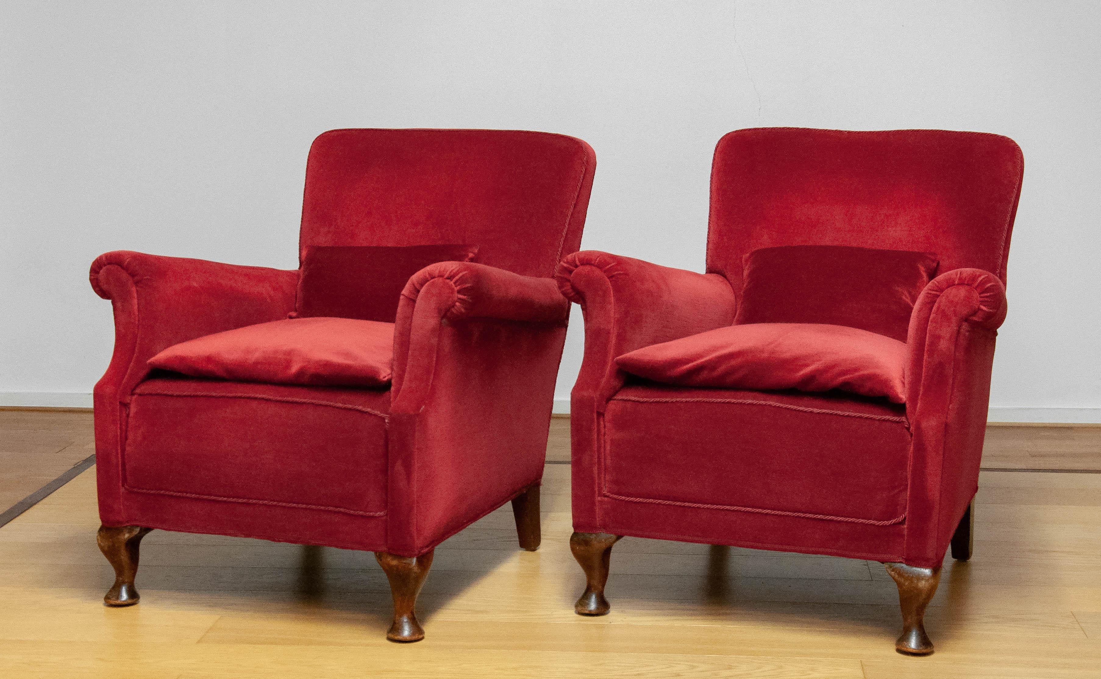 Danish Pair 1930s Scandinavian Wine Red Velvet / Velours Lounge Chairs Made In Denmark  For Sale