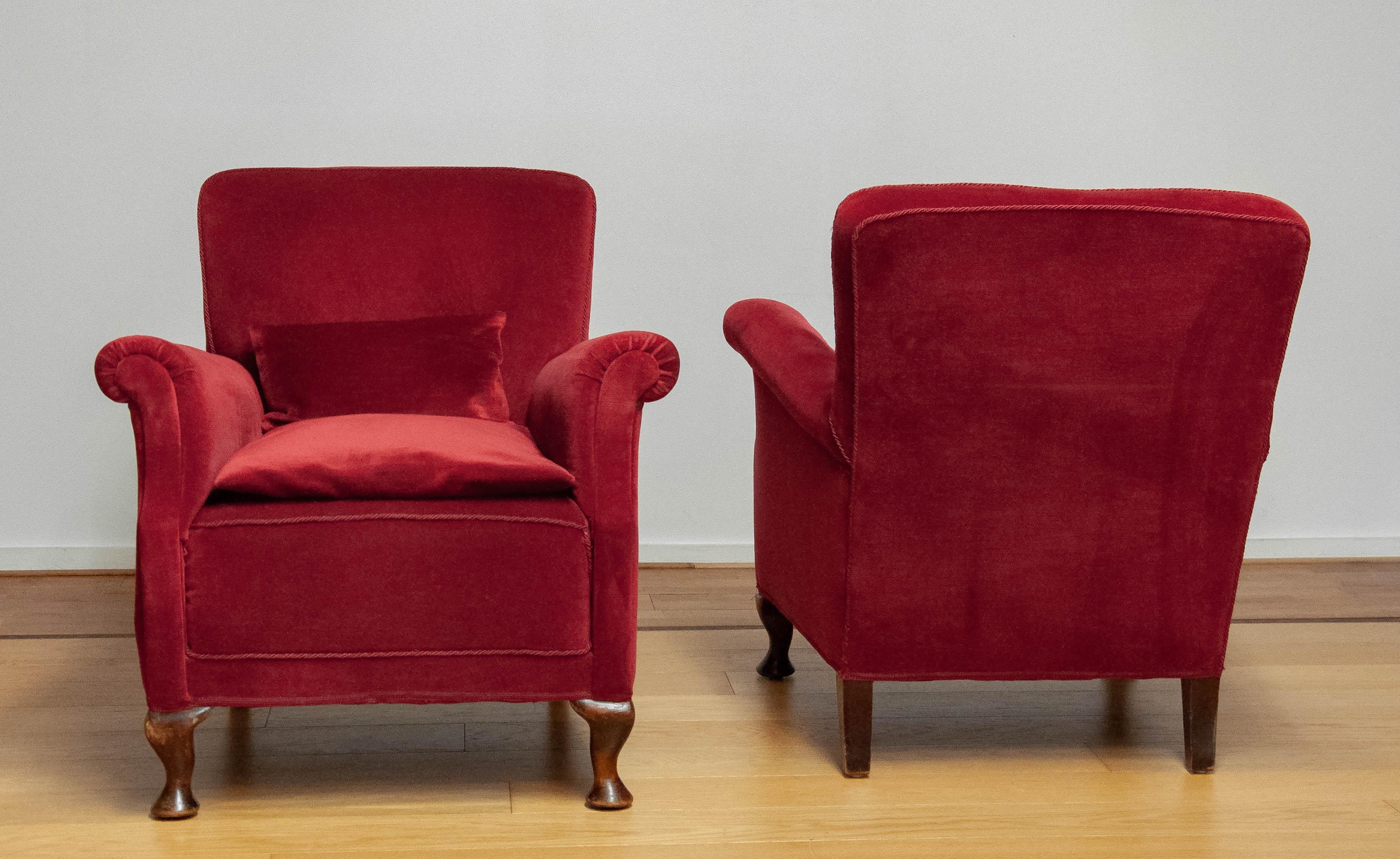 Mid-20th Century Pair 1930s Scandinavian Wine Red Velvet / Velours Lounge Chairs Made In Denmark  For Sale