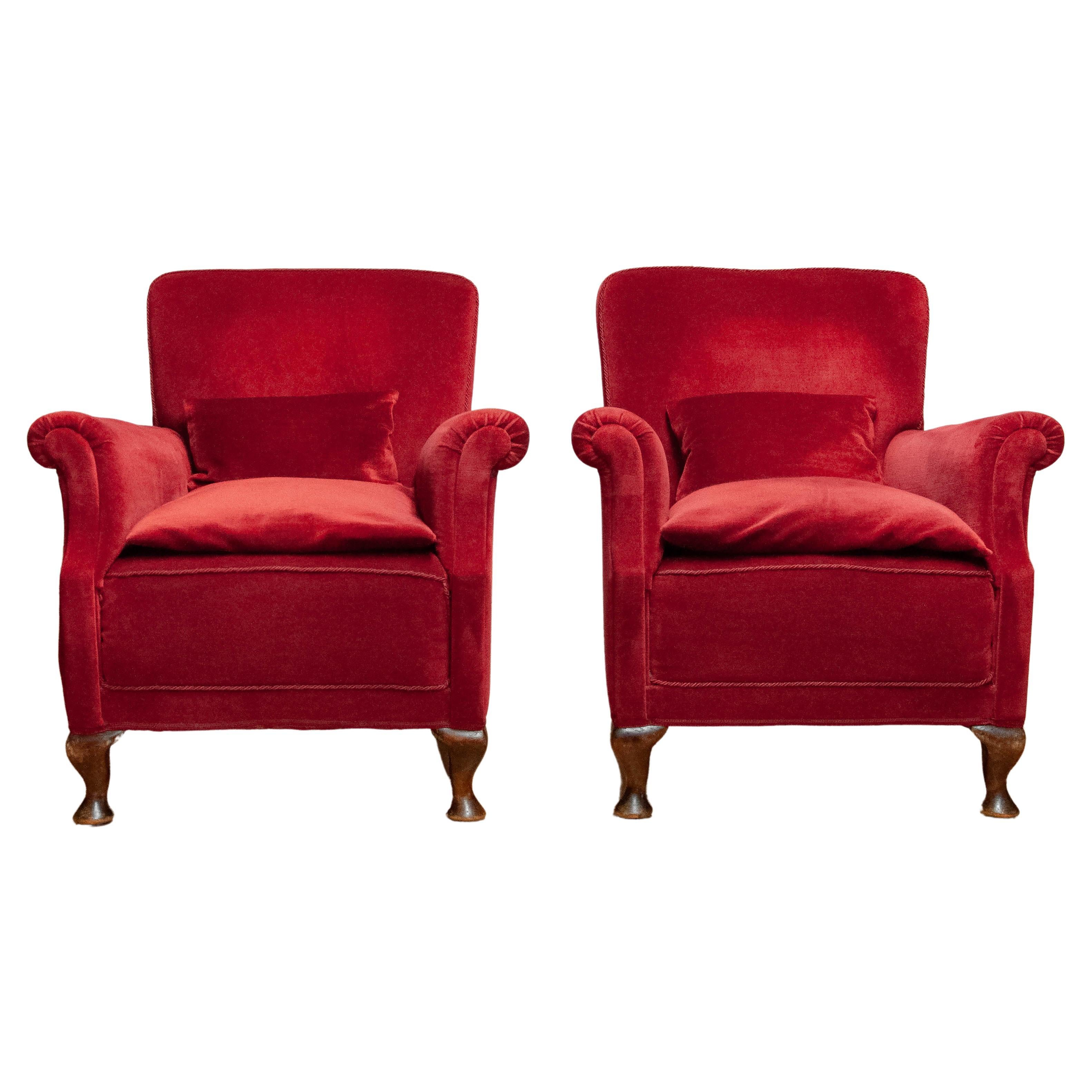 Pair 1930s Scandinavian Wine Red Velvet / Velours Lounge Chairs Made In Denmark  For Sale
