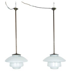 Pair 1930s Sistrah Otto Muller style Brass Opaline Glass Pendant Lights Art Deco