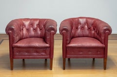 Pair 1930s Swedish Chesterfield Club Chairs in Patinated Leather