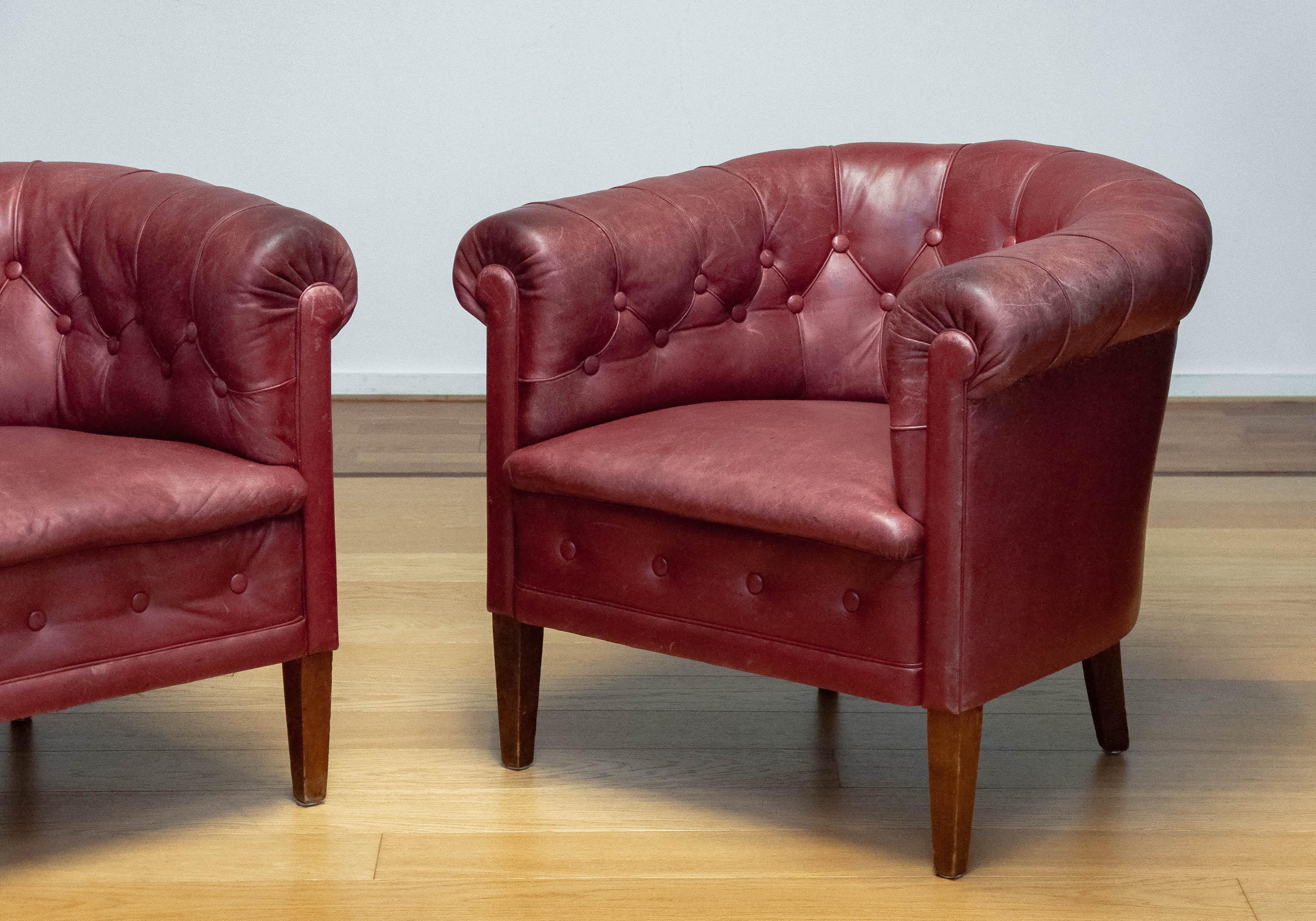Pair 1930s Swedish Crimson Red Chesterfield Club Chairs in Patinated Leather For Sale 1