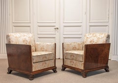 Pair 1930s Swedish Grace Club Chairs With Tiger Wooden Side Panels And Jacquard