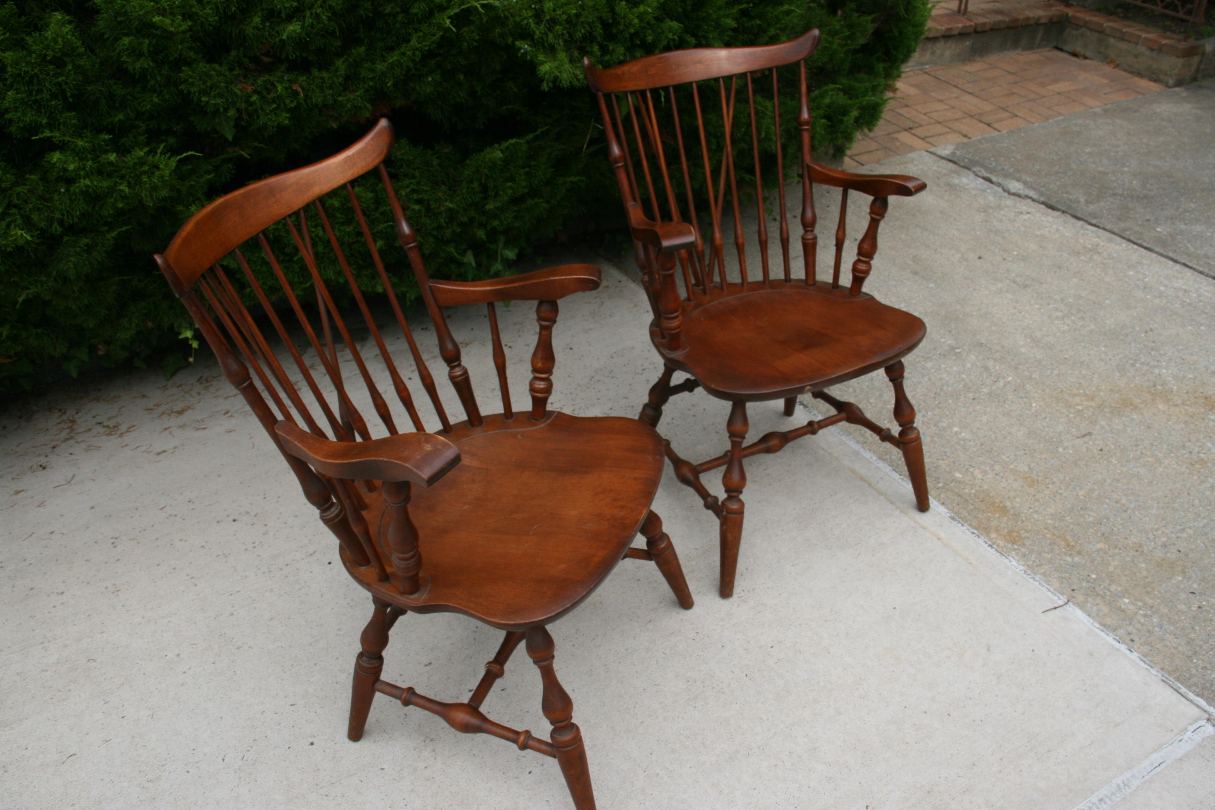 Pair 1930's Windsor Farm House Rustic Arm Chairs Nichols and Stone For