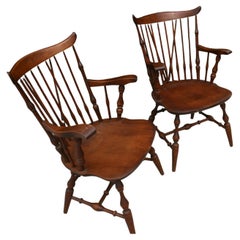 Pair 1930's Windsor Farm House Rustic Arm Chairs Nichols and Stone