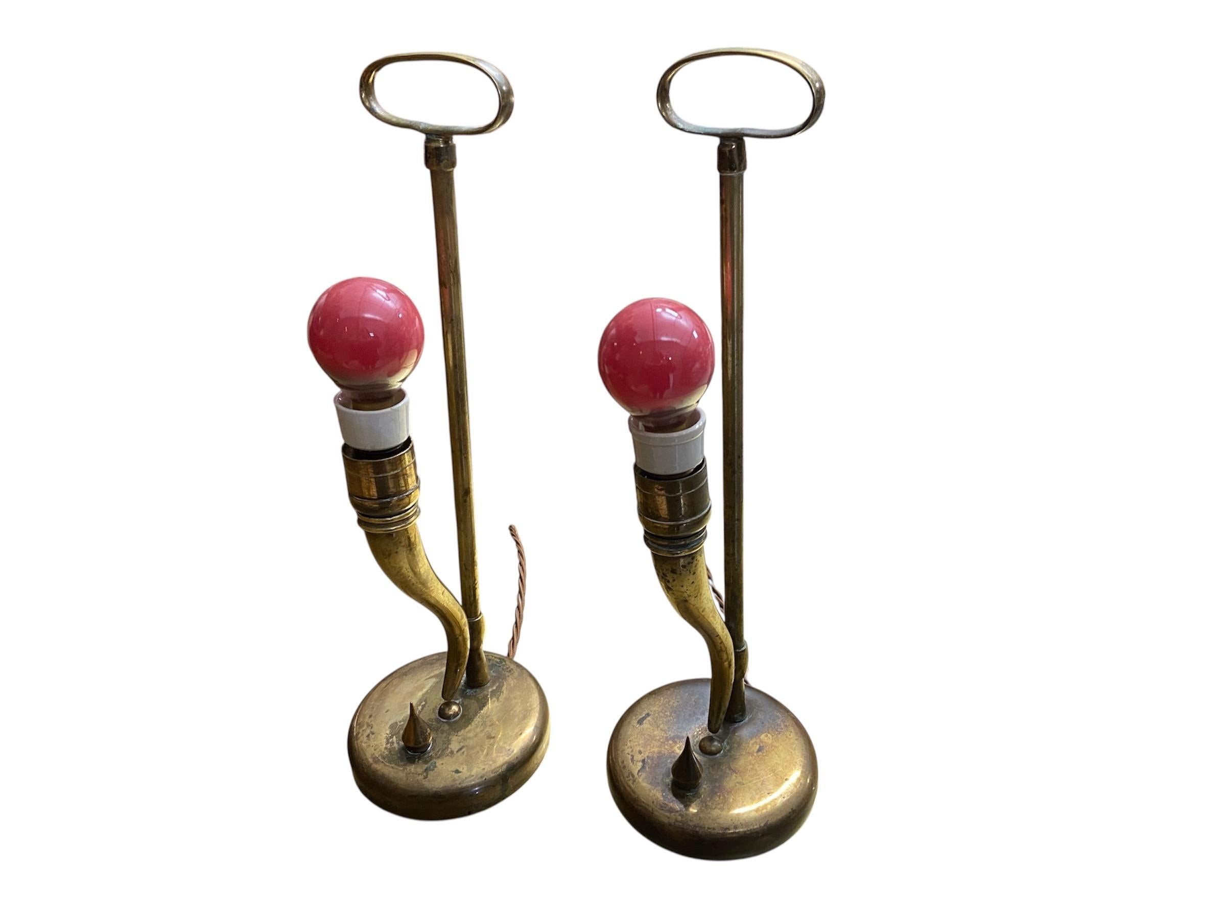 A very elegant pair of 1940's to 1950's brass table lamps, attributed to, and most probably by, Gio Ponti and Emilio Lancia. 
They could be polished if needed but we prefer them as found.
Please note that our handling time is usually shorter than