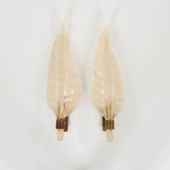 Pair 1940s Barovier Toso Oro Somerso Murano Glass Leaf Sconces