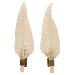 Pair 1940s Barovier Toso Oro Somerso Murano Glass Leaf Sconces