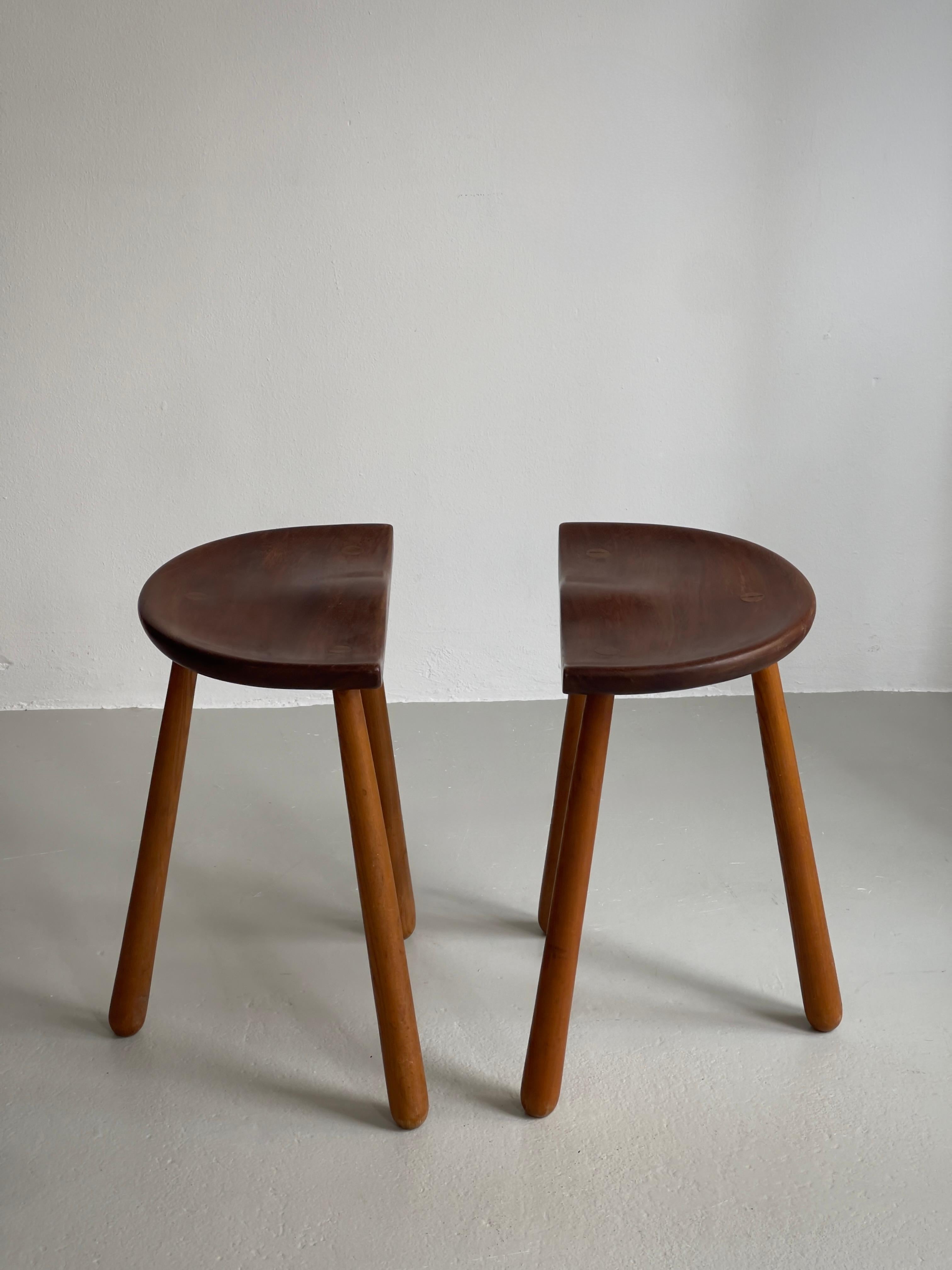Pair 1940s danish cabinetmaker stools carved teak seats and club shaped oak legs For Sale 8