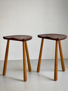 Pair 1940s danish cabinetmaker stools carved teak seats and club shaped oak legs