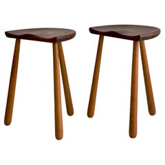 Pair 1940s danish cabinetmaker stools carved teak seats and club shaped oak legs