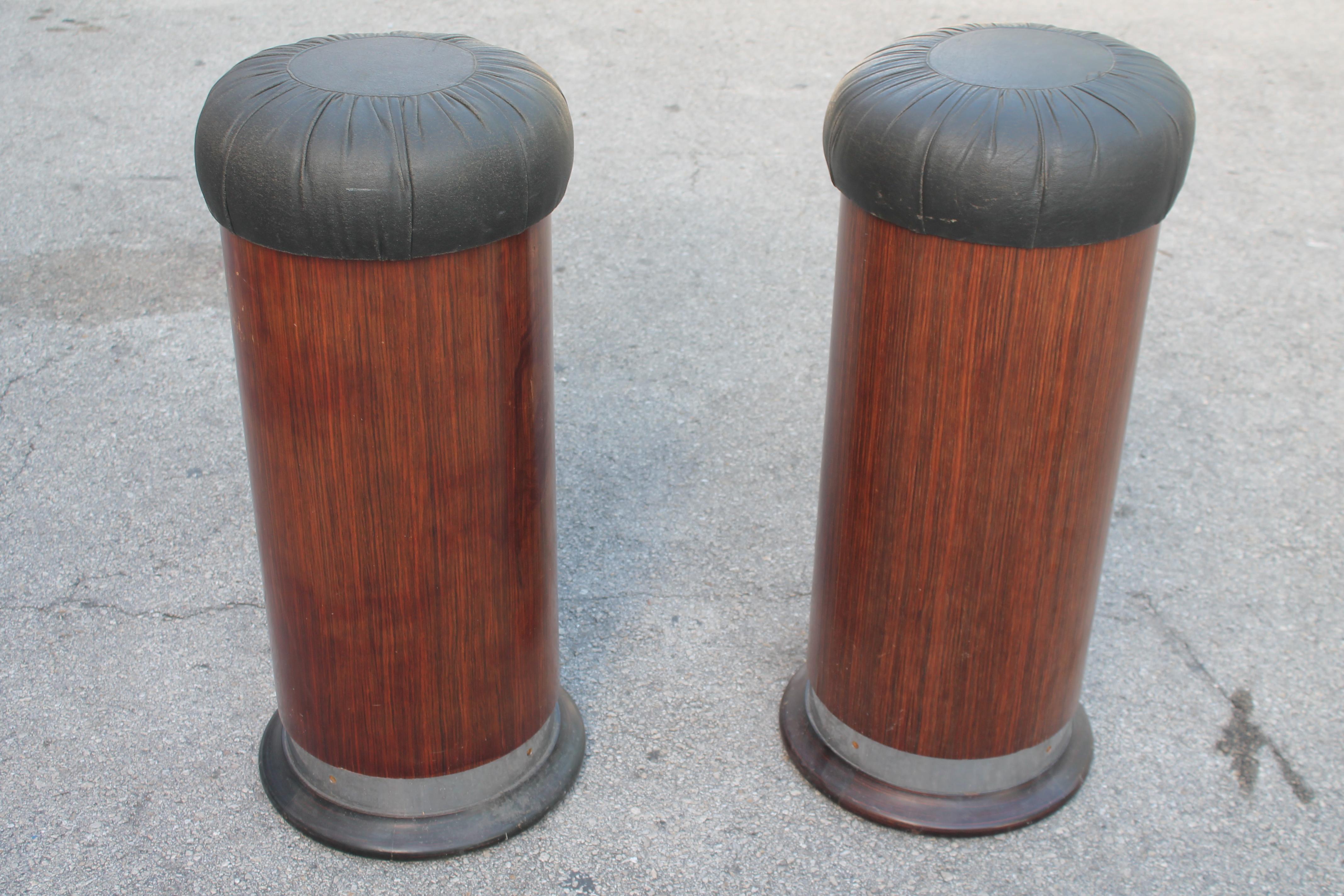 Pair Spectacular French Art Deco Exotic Macassar Ebony Barstools. Black leather seat. This is a very rare pair of Macassar Ebony Bar Stools. French Estate.