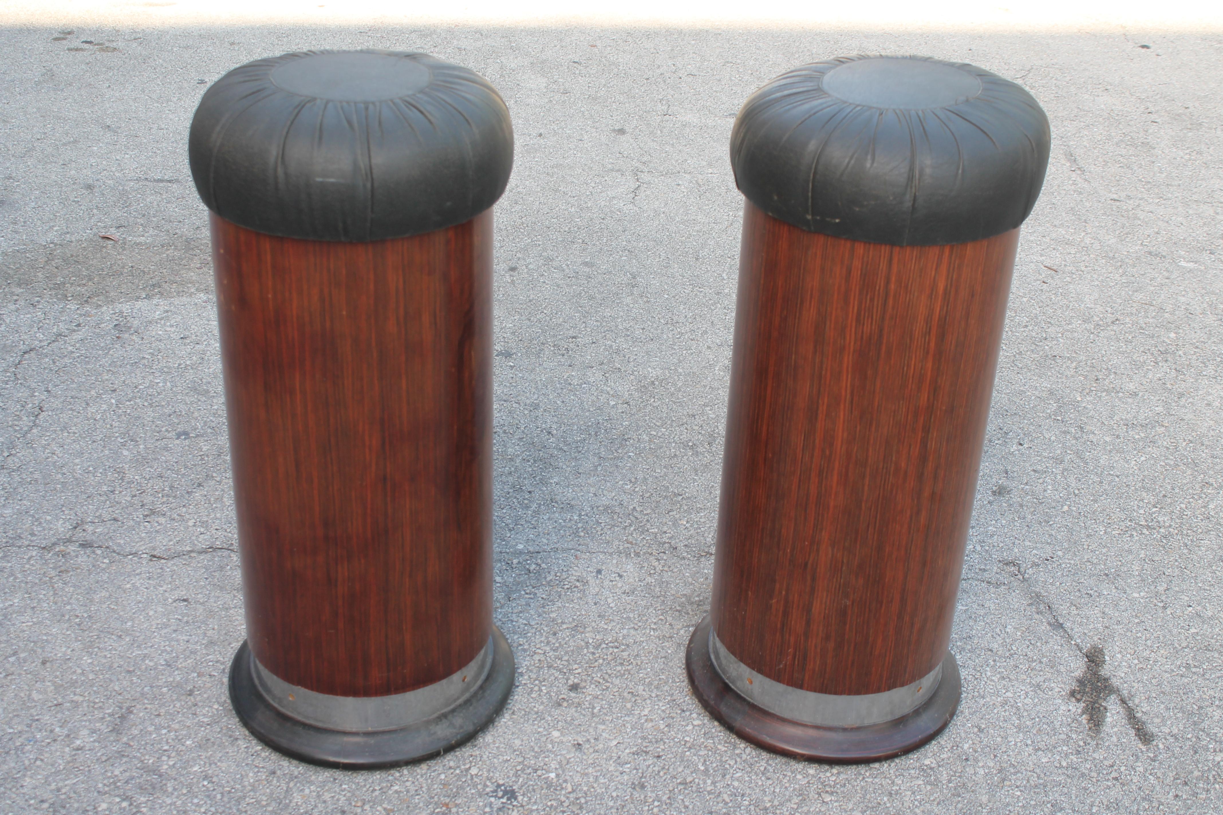 Pair 1940's French Art Deco Exotic Macassar Ebony Bar Stools In Good Condition For Sale In Opa Locka, FL