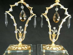 Pair 1940s French Regency Dore Bronze with Cut Crystal Table Lamps attrib Bagues