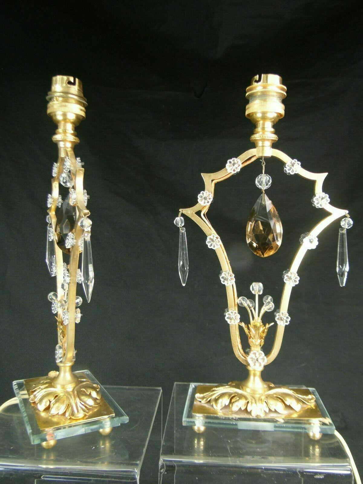 Mid-20th Century Pair 1940s French Regency Dore Bronze with Cut Crystal Table Lamps attrib Bagues For Sale