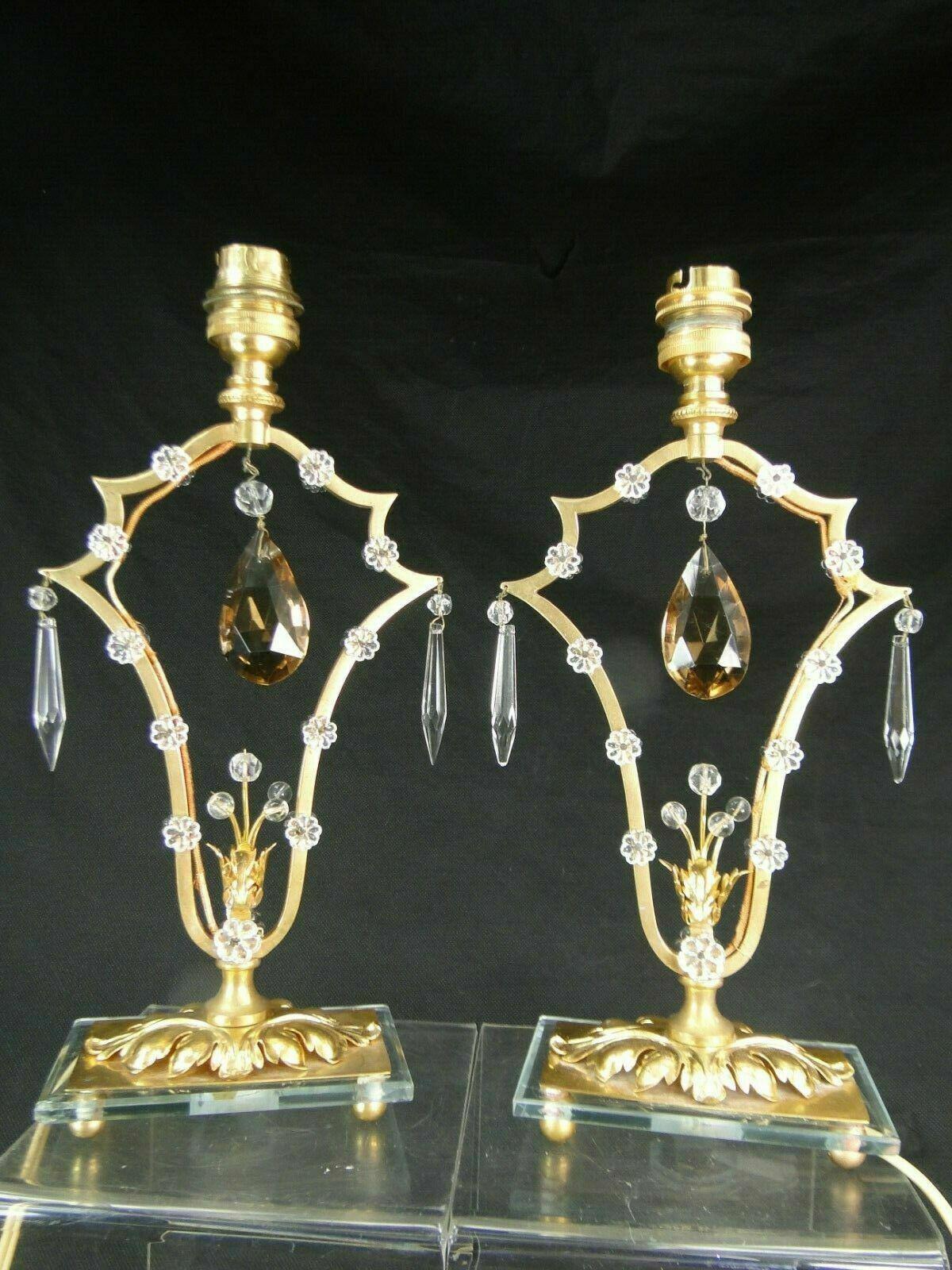 Pair 1940s French Regency Dore Bronze with Cut Crystal Table Lamps attrib Bagues For Sale 5
