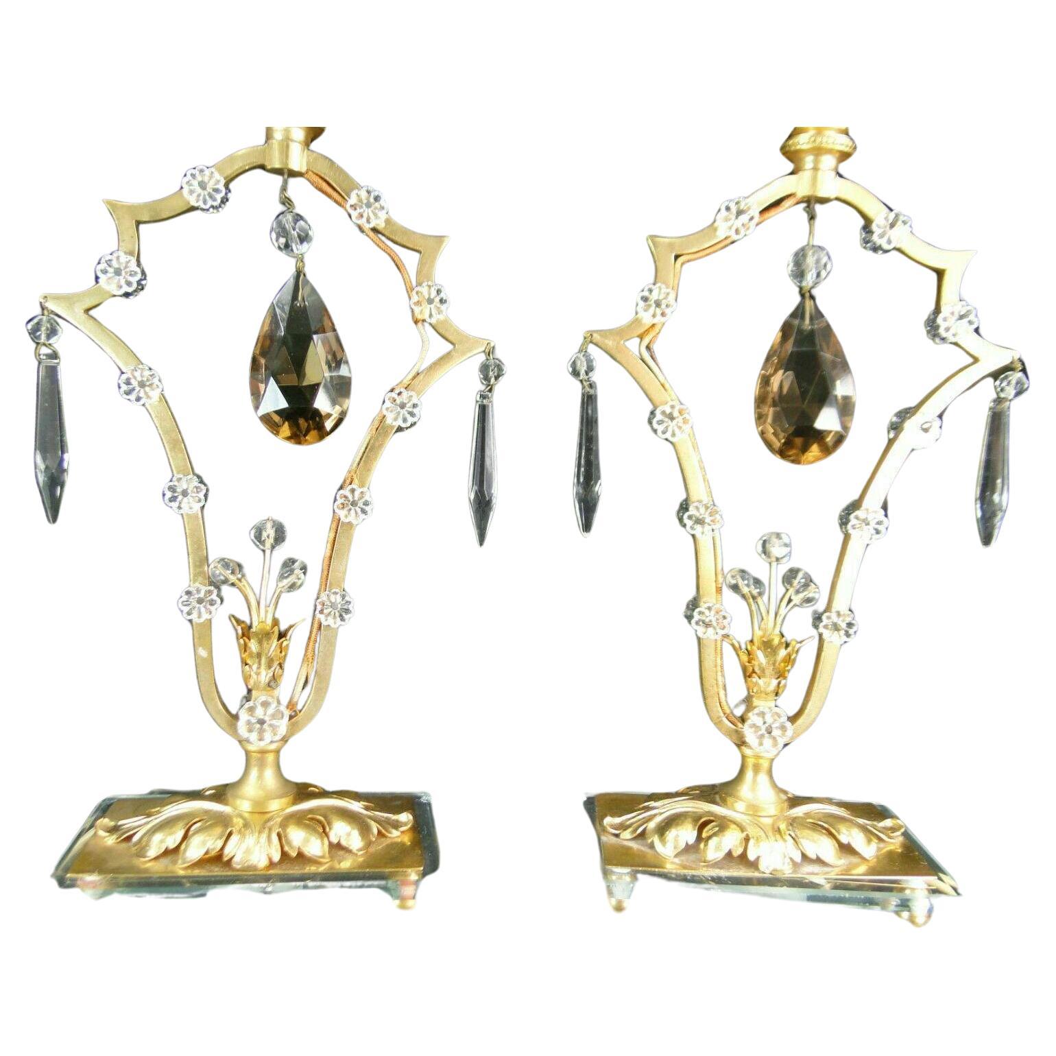 Pair 1940s French Regency Dore Bronze with Cut Crystal Table Lamps attrib Bagues For Sale