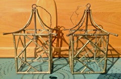 Pair 1940s French Regency Gilt Bronze Bamboo Pagoda Lanterns by Maison Bagues