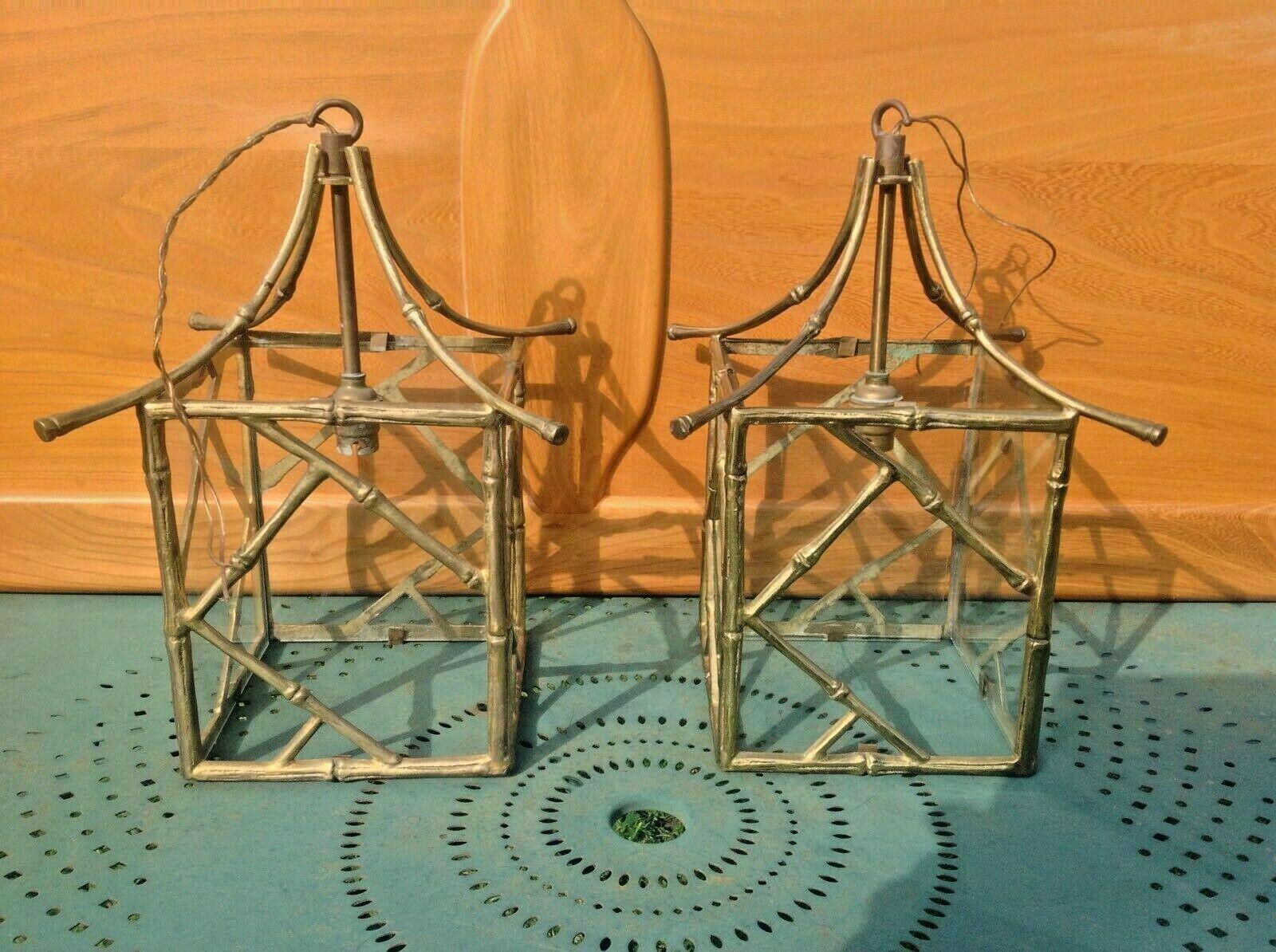 Pair 1940s French Regency Gilt Bronze Bamboo Pagoda Lanterns by Maison Bagues In Good Condition For Sale In Opa Locka, FL
