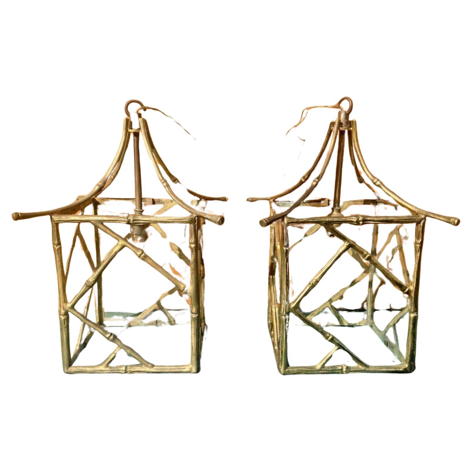 Pair 1940s French Regency Gilt Bronze Bamboo Pagoda Lanterns by Maison Bagues For Sale