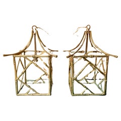 Pair 1940s French Regency Gilt Bronze Bamboo Pagoda Lanterns by Maison Bagues