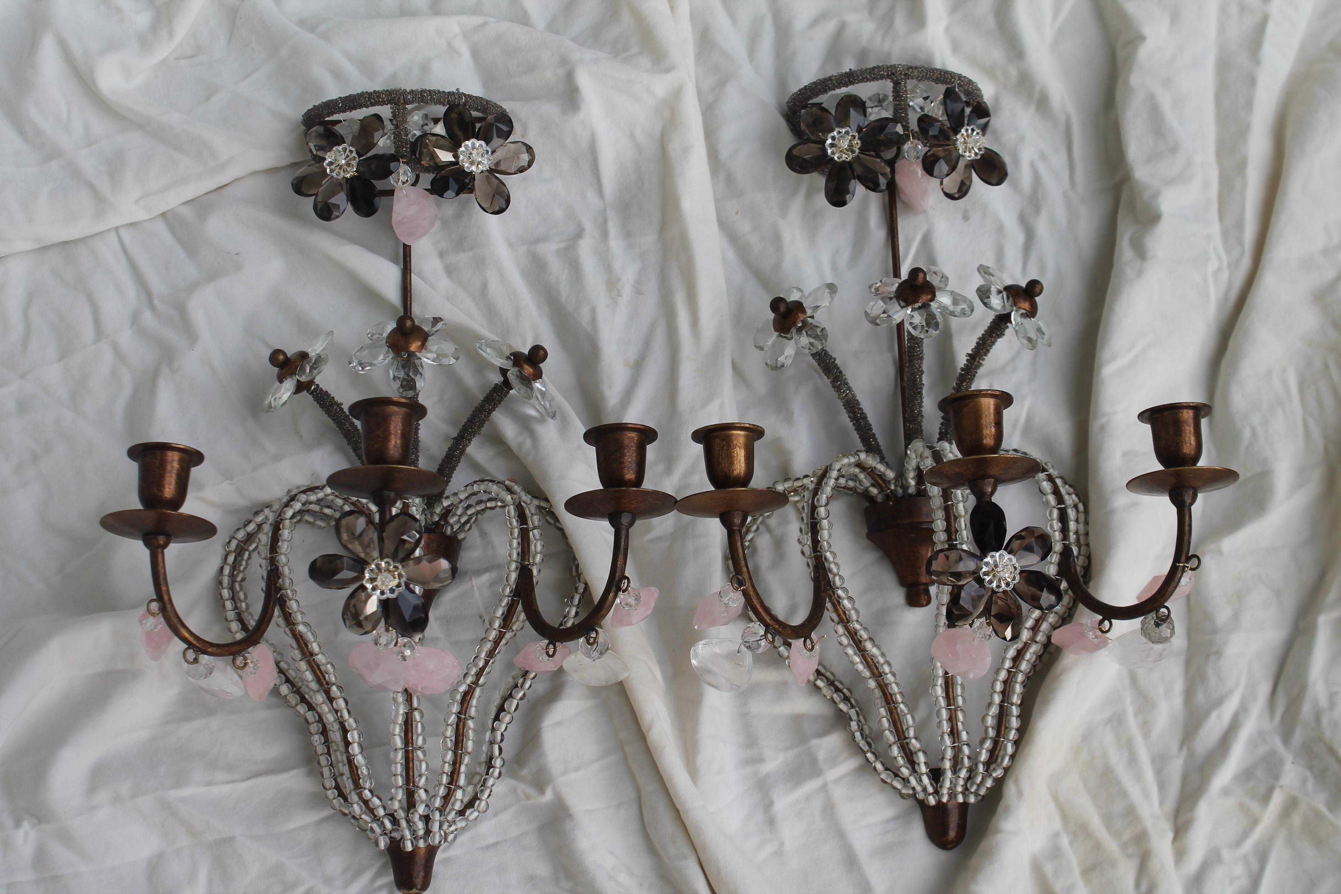 Pair 1940's French Hollywood Regency Smoky Quartz Form Flowered Wall Sconces. Embellished with pink rock crystal quartz. These are for candles but can readily be electrified.